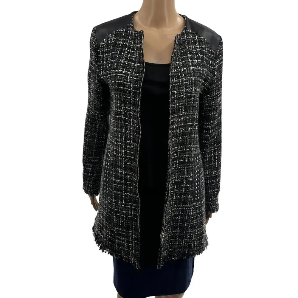 Zara Black Tweed Embellished Faux Leather Contrast Full Zip Coat